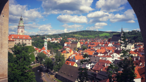 Cesky Krumlov.View of the Cesky Krumlov castle on the left and the river Vltava.